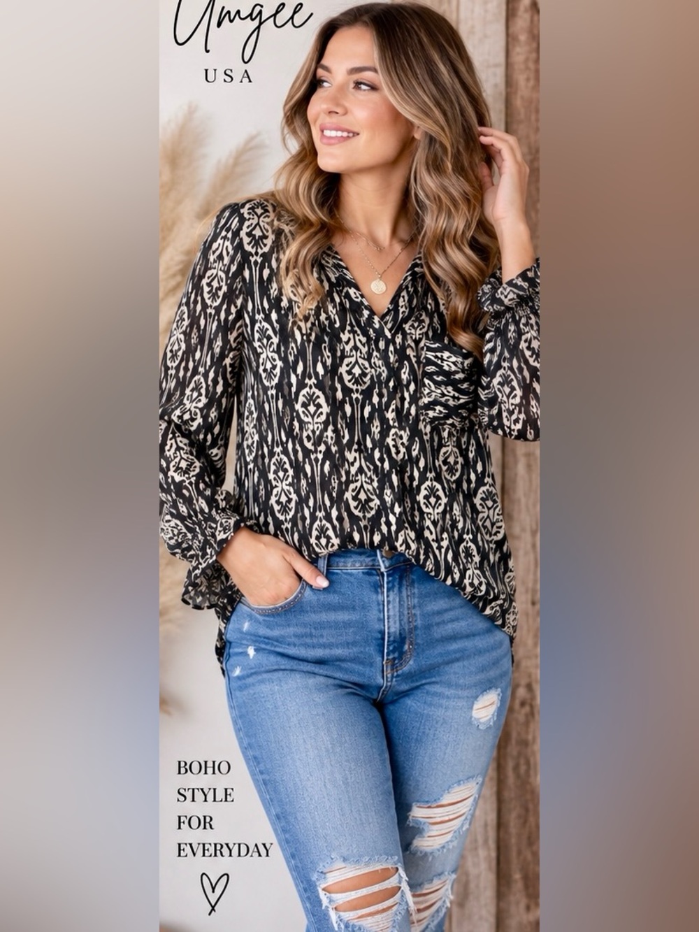 Umgee USA Black Ivory Ikat Blouse Size M Sheer Boho Collared Top